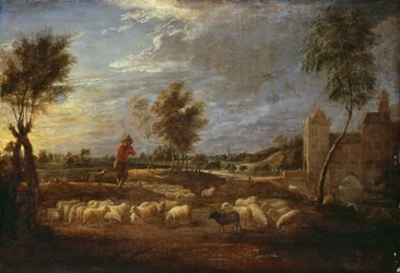 Paesaggio al tramonto con un pastore e il suo gregge